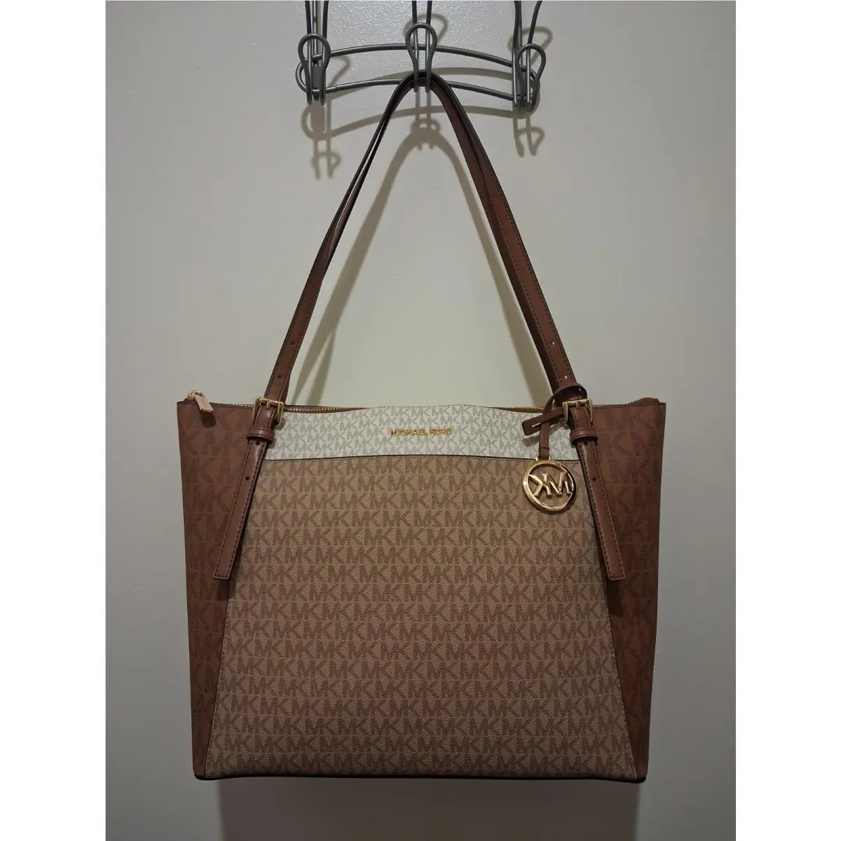 Brown Biege Logo Print Voyager Large Tote Bag by Michael Kors