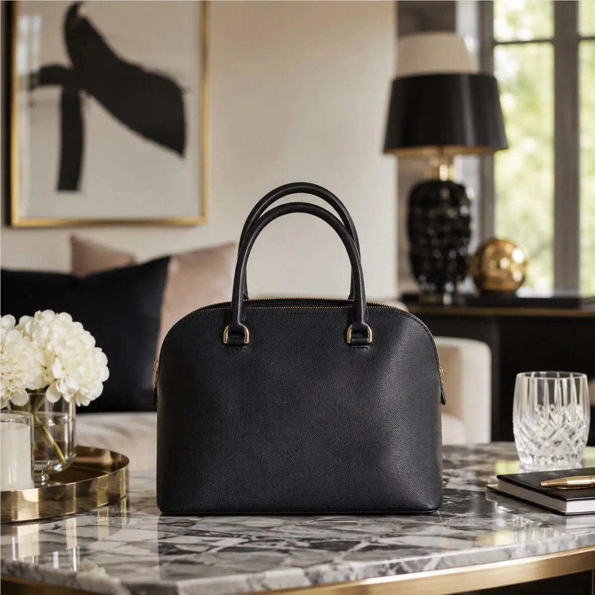 Michael Kors Dome Cindy Leather Handbag Satchel Black Shoulder Strap Business