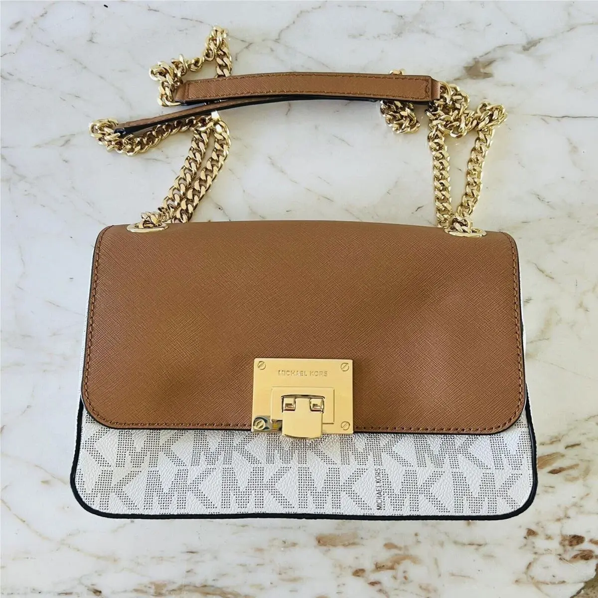 Tina Vanilla Acorn Leather Medium Flap Shoulder Bag by Michael Kors