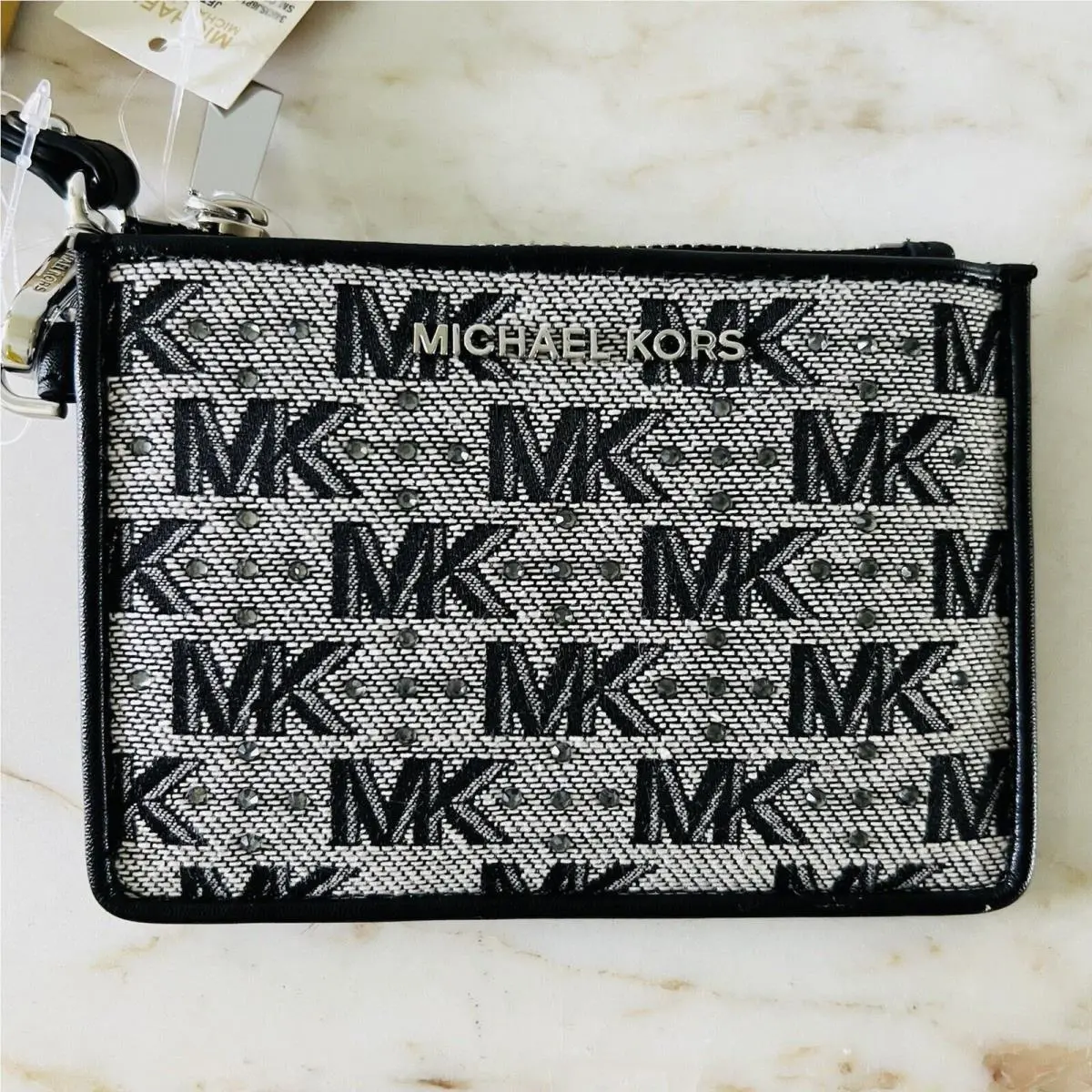 Michael Kors Jet Set Black Cream Leather Small Coin Purse Card Wallet Wristlet