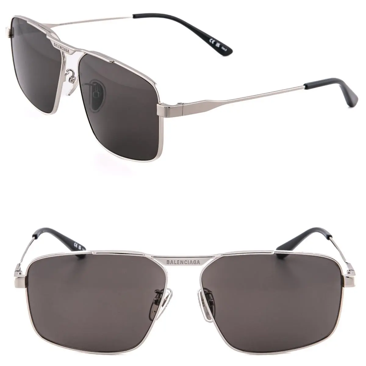 BB0418SK Logo Tag 0418 Pilot Silver Black Metal Sunglasses Unisex 002 by Balenciaga