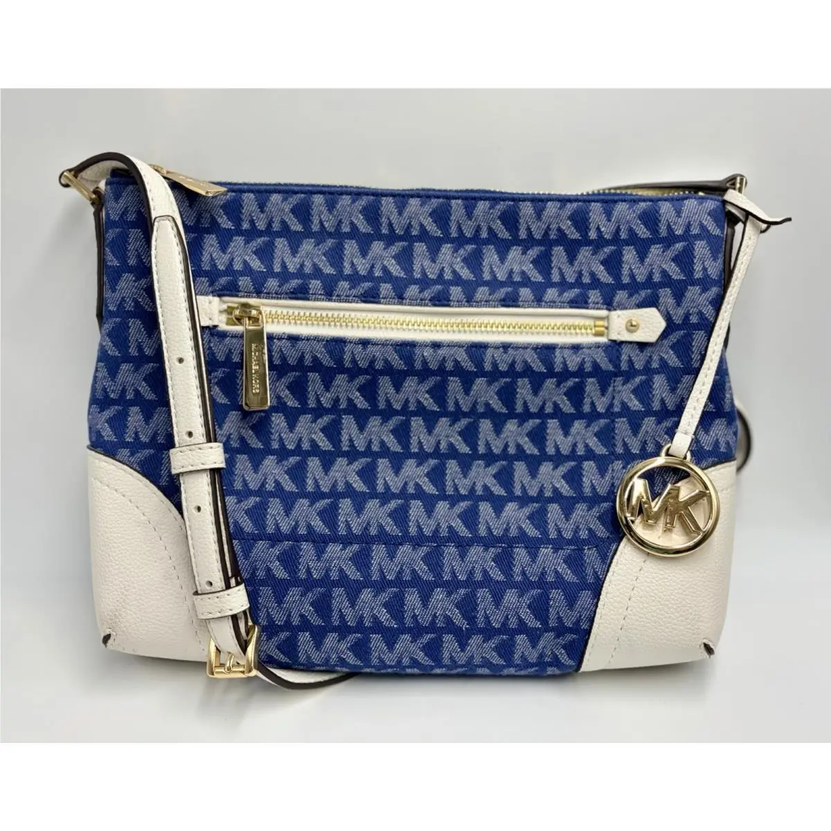Michael Kors Fallon MK Signature Denim Jacquard Leather Crossbody Purse
