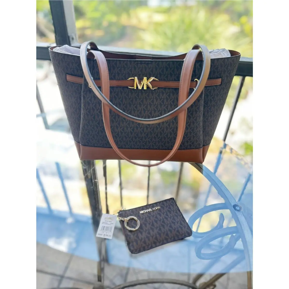 Reed Large Tote Shoulder Handbag Purse Bag Brown + Keychain Wallet by Michael Kors
