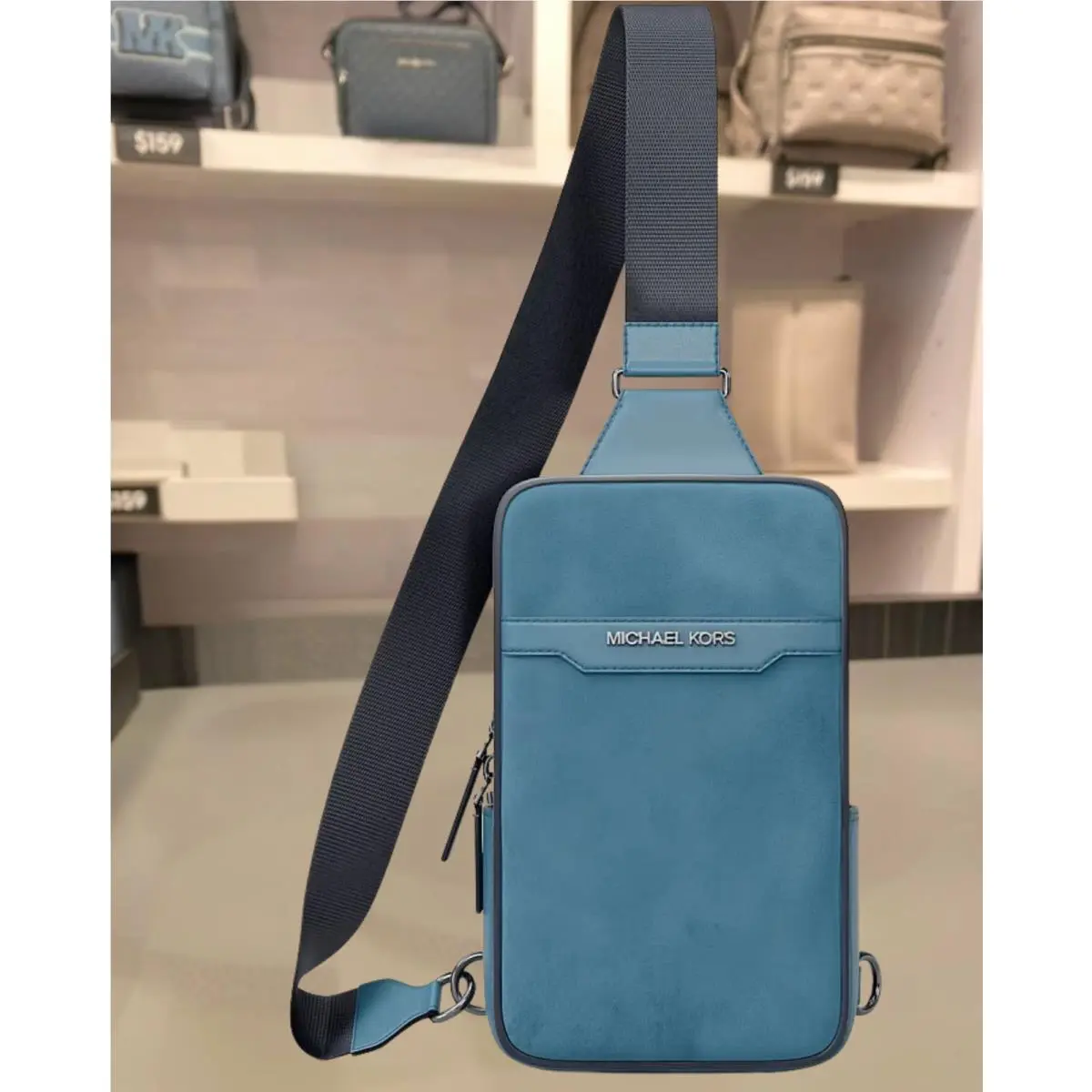 Michael Kors Cooper Medium Suede Sling Pack Denim Blue Men Crossbody