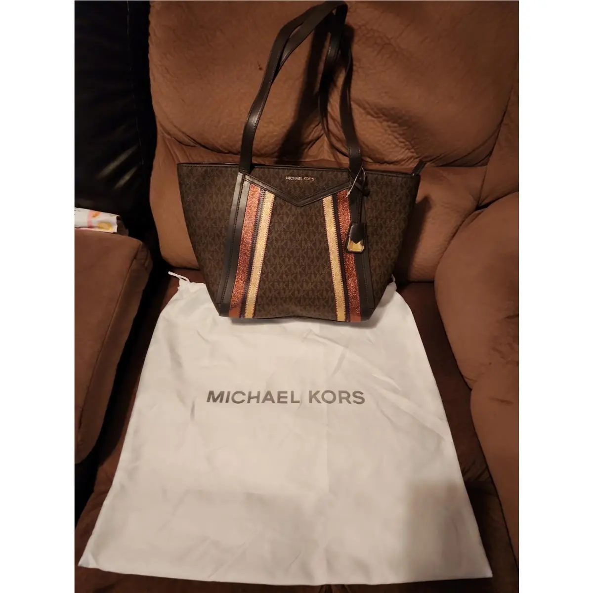 Brown Tote Whitney Metallic Stripe Accent Large Shoulder Bag by Michael Kors