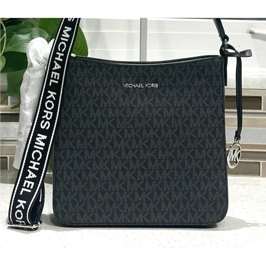 Jet Set Small Zip Crossbody Messenger Bag Tote MK Black Silver Logo by Michael Kors