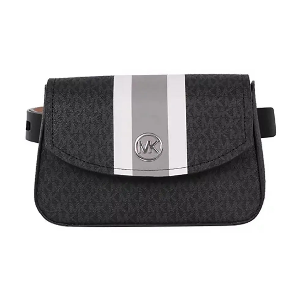 Michael Kors Women`s Logo Monogram Belt Bag with Stripe Black Silver