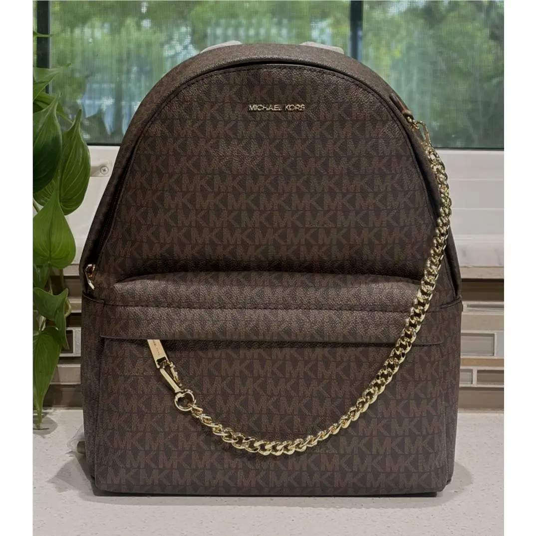 Michael Kors Slater Medium Zip Chain Backpack Bag Travel Tote MK Brown Logo Gold