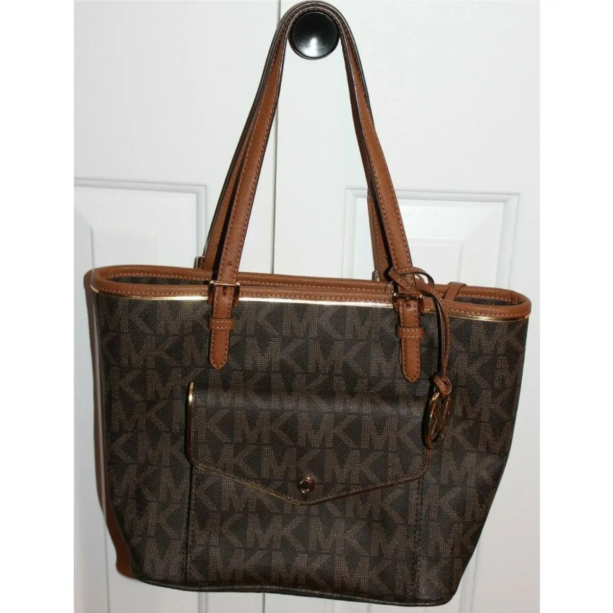 Michael Kors Signature Jet Set Medium Snap Pocket Tote Bag Brown