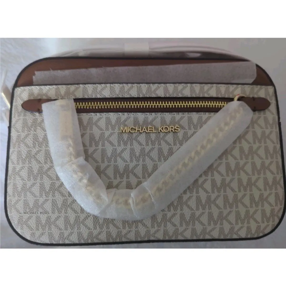 Michael Kors Jet Set MK Logo Zip Closure Makeup Bag Beige/brown 8x5