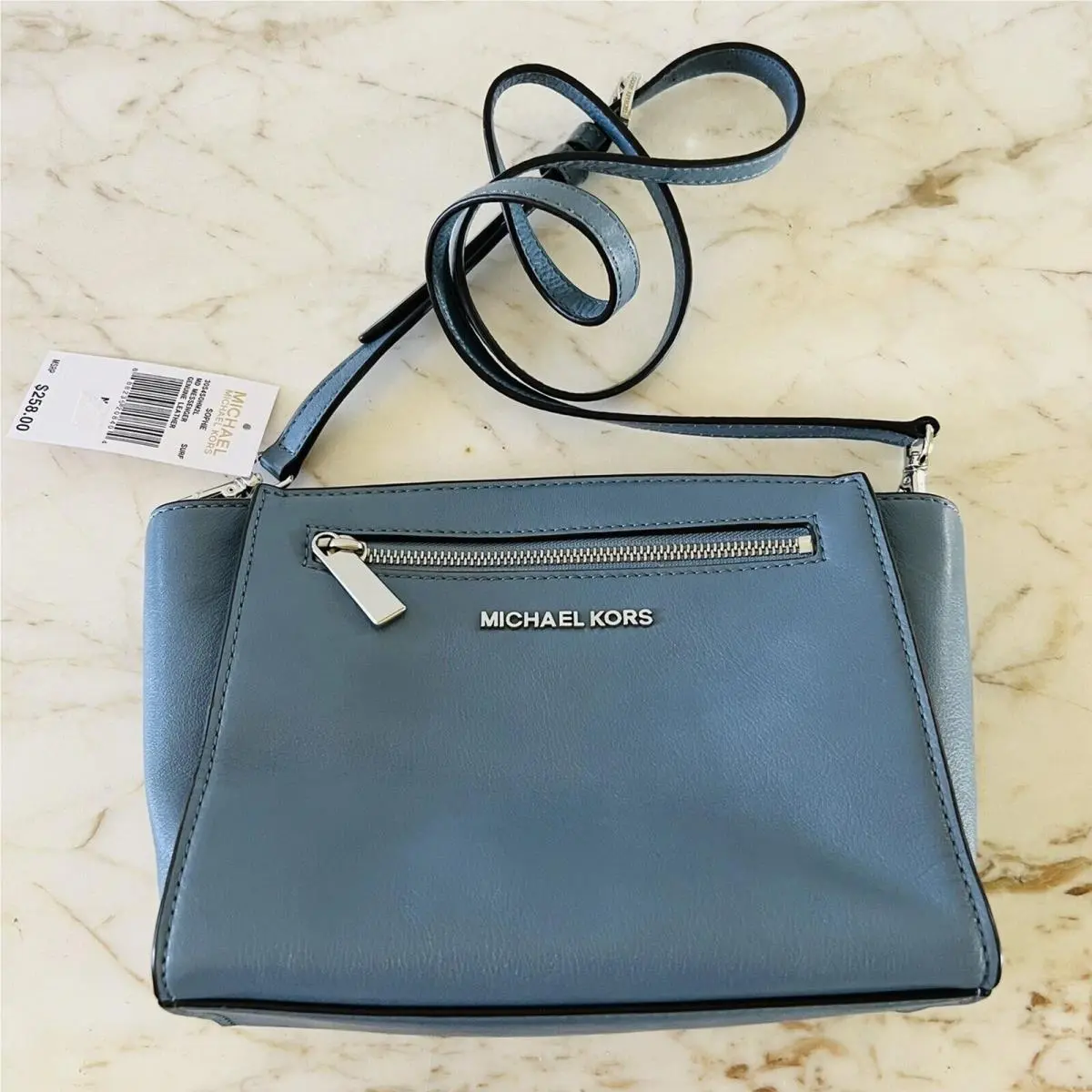 Michael Kors Sophie Surf Blue Soft Leather Small Messenger Crossbody Bag