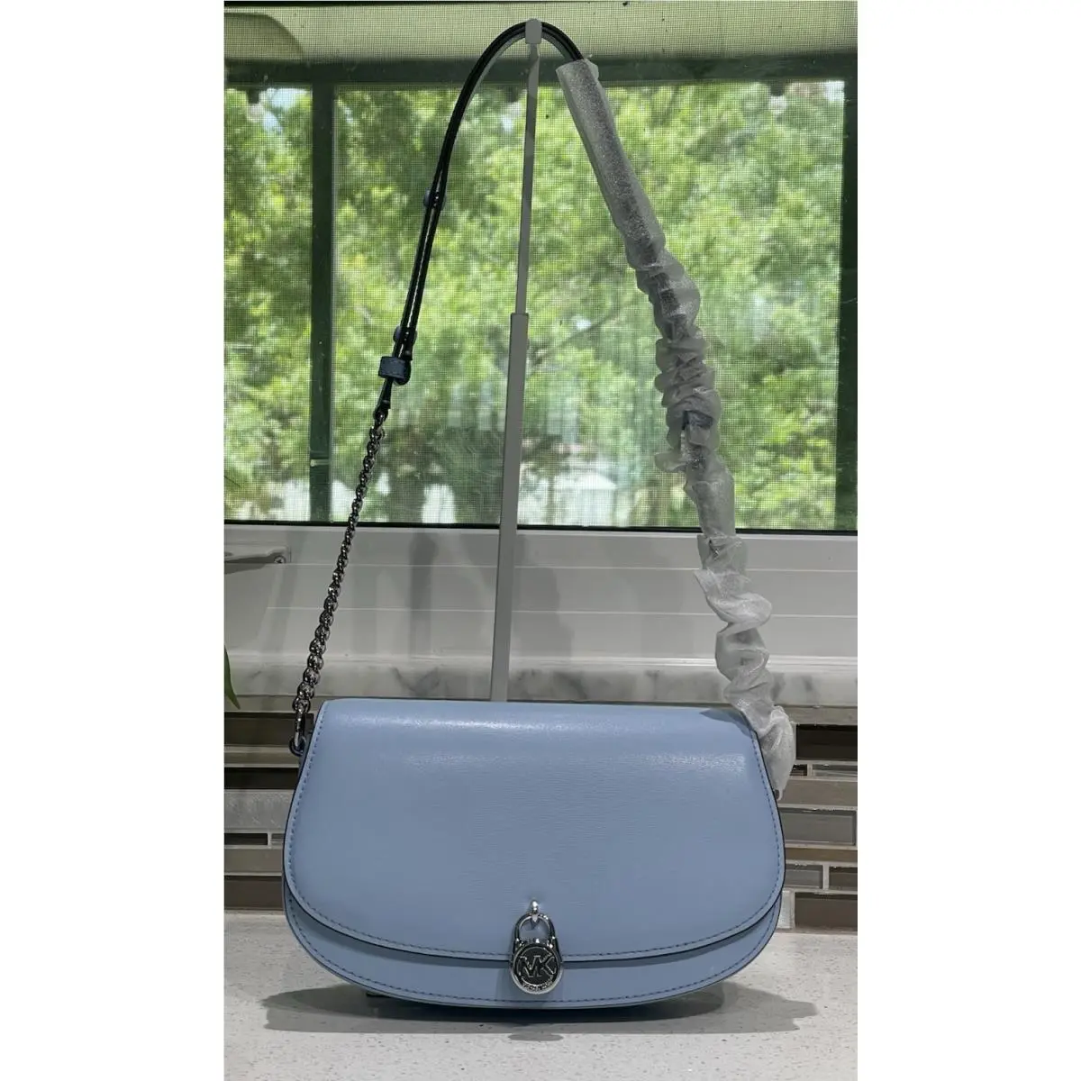 Michael Kors Mila Medium Flap Crossbody Shoulder MK Lock Bag Blue Leather Silver
