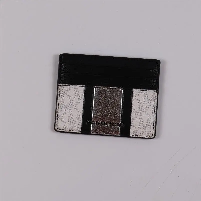 Michael Kors Card Holder Wallet Greyson Logo Black White Leather