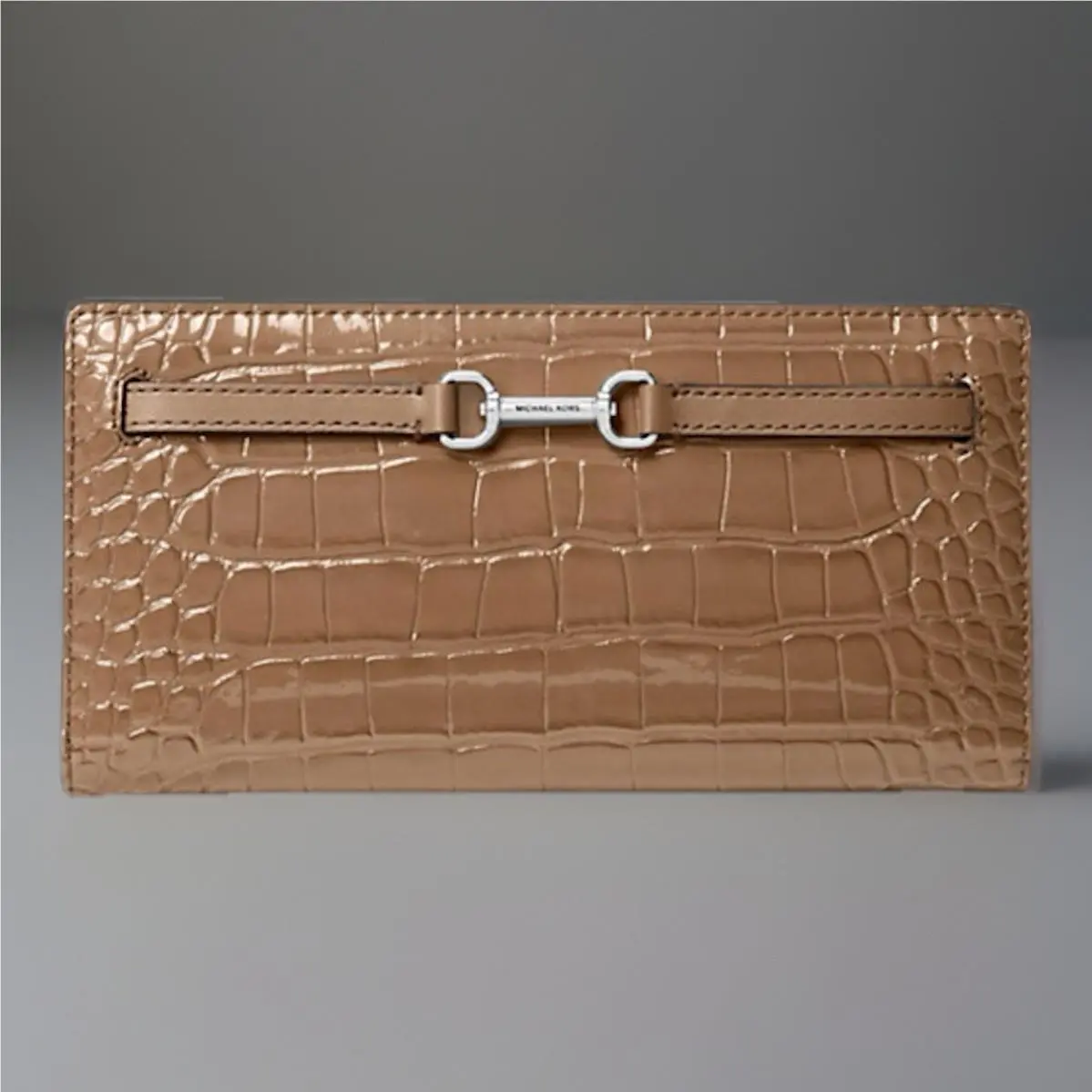 Michael Kors Carson Large Patent Crocodile Embossed Wallet In Driftwood
