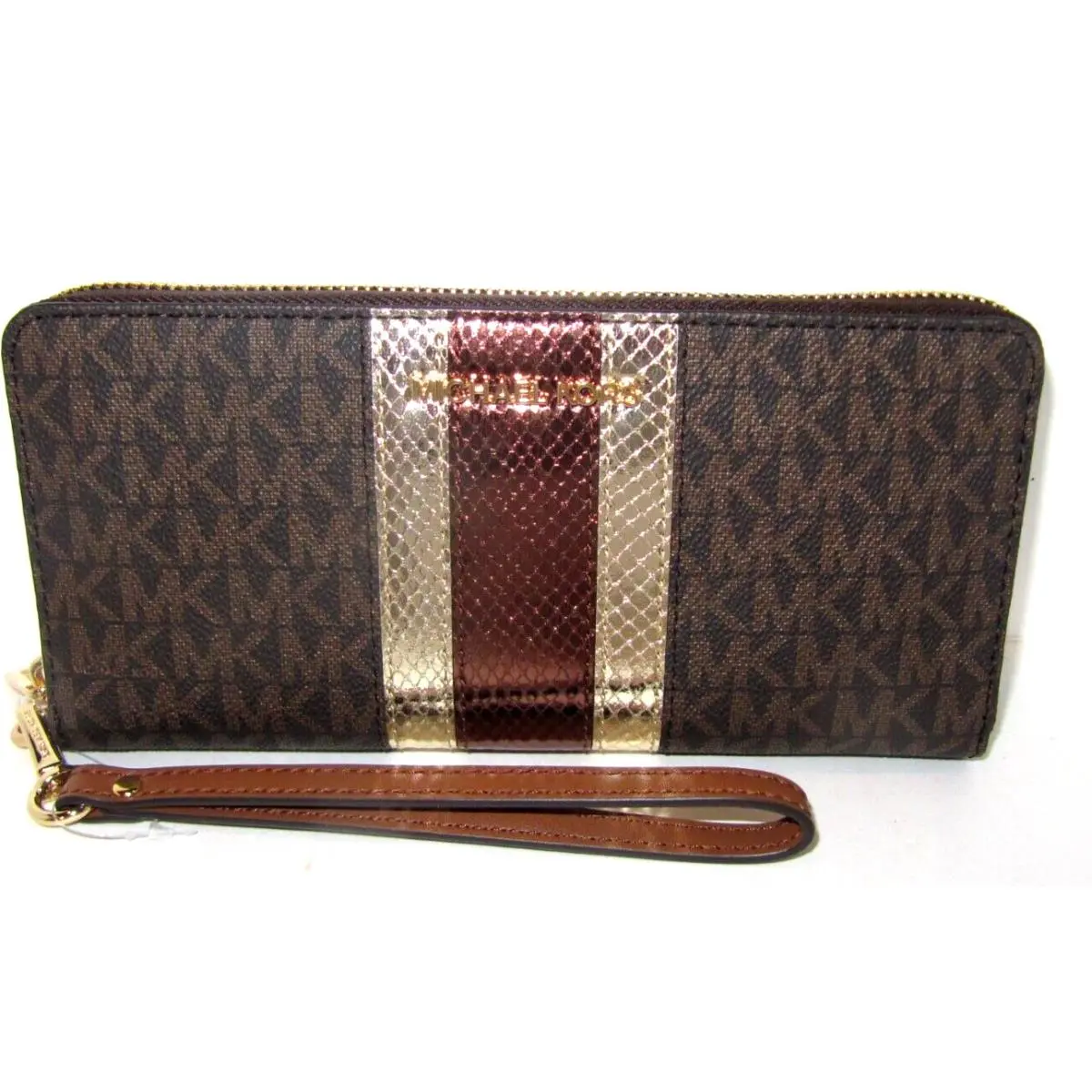 Jet Set Travel Large Brown Logo Gold Metallic Continental Wallet by Michael Kors