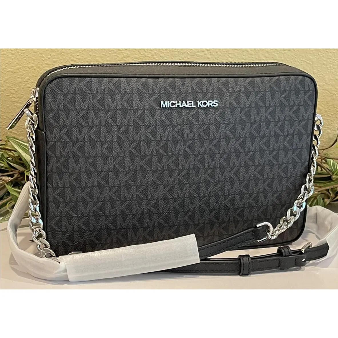 Michael Kors Jet Set Large Zip Chain Crossbody Bag Shoulder MK Black Logo Silver