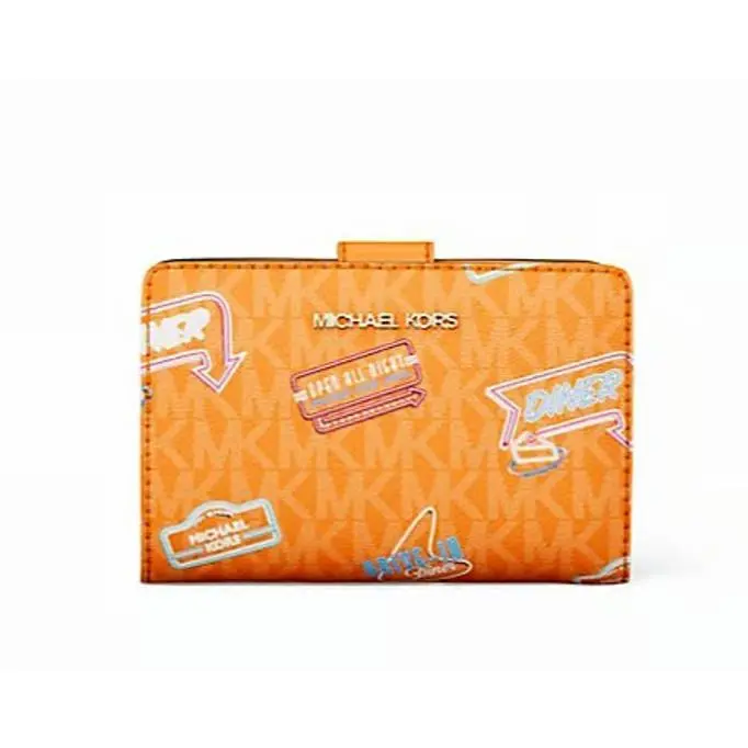 Michael Kors Jet Set Printed Signature Logo Bi-fold Medium Wallet Pop Orange
