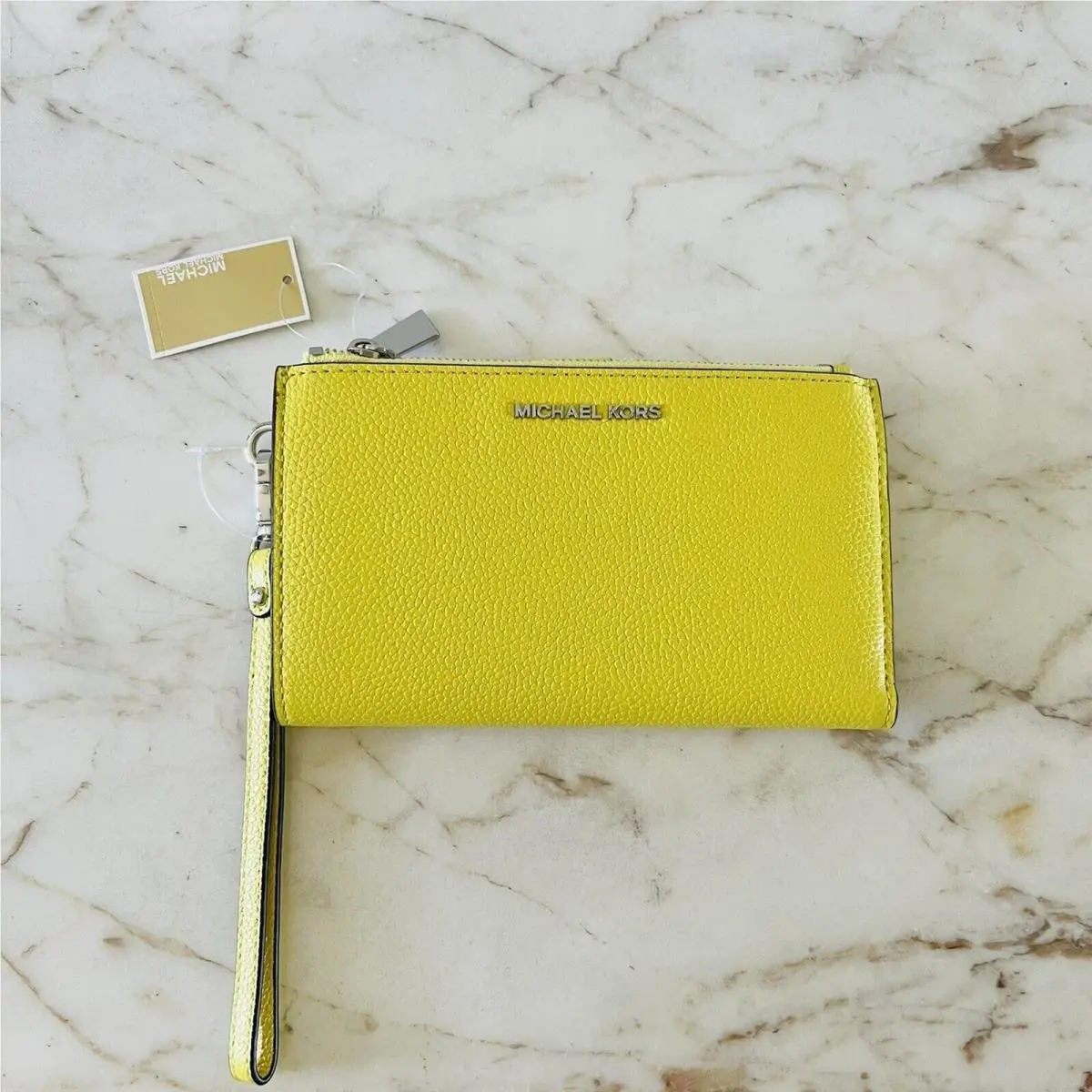 Michael Kors Jet Set Lime Light Yellow Leather Double Zip Wallet Wristlet