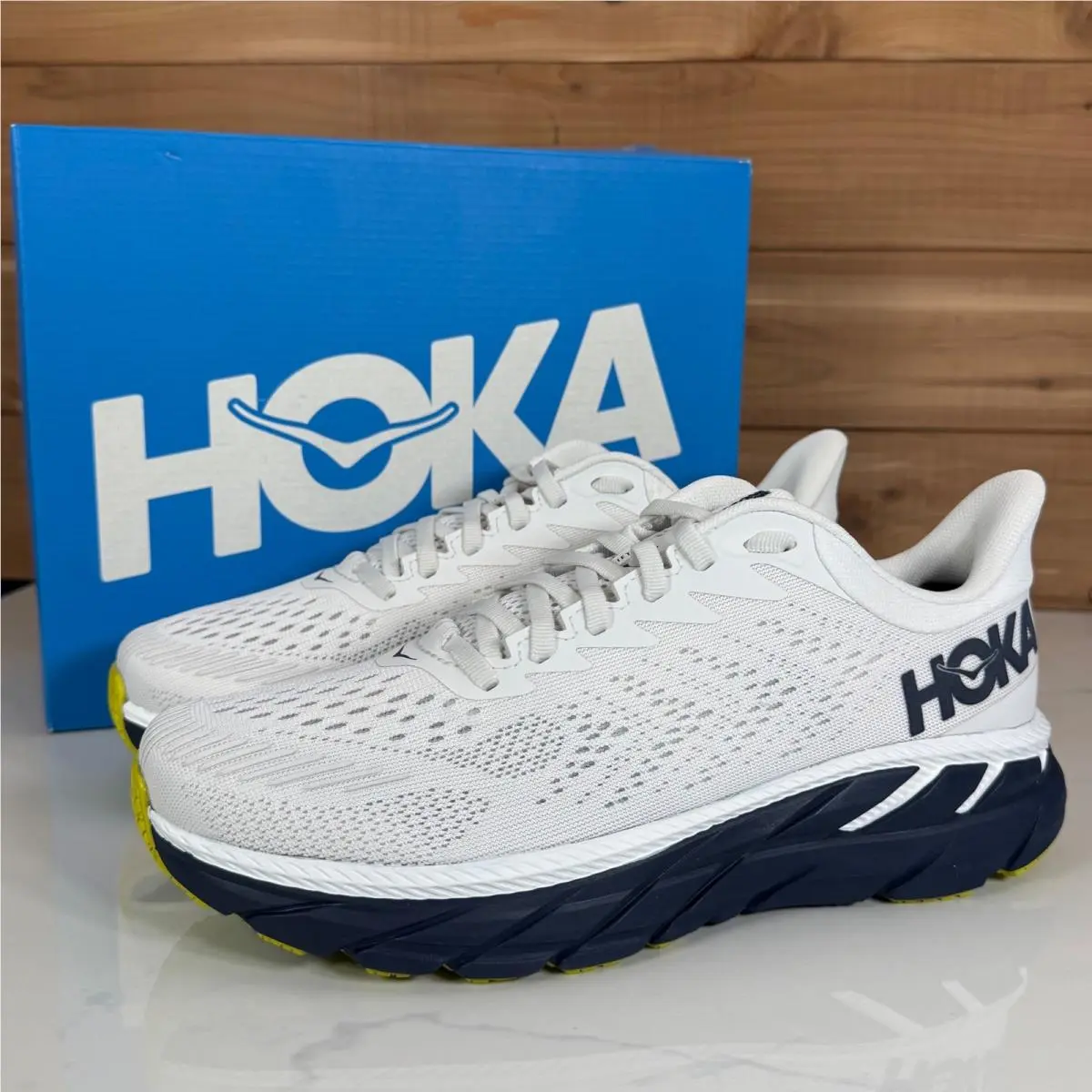 Hoka Clifton 7 Womens 7.5 Running Shoes Blanc de Blanc Black Iris Sneakers