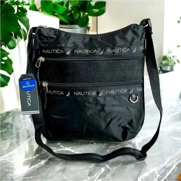 Black Nylon Captain`s Quarters Hobo Crossbody Travel Bag by Nautica