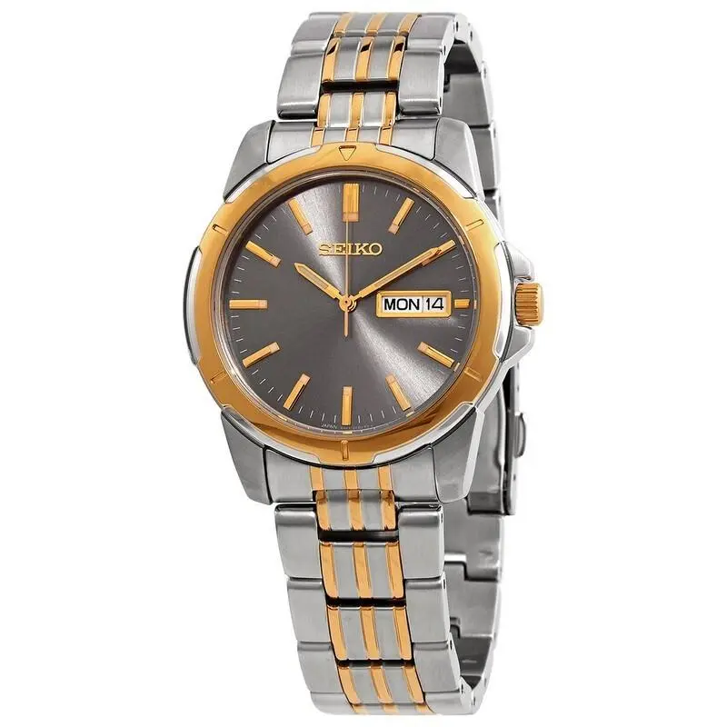 Seiko Essentials Quartz Grey Dial Men`s Watch SUR356 - Dial: Gray, Band: Gold, Silver, Bezel: Gold