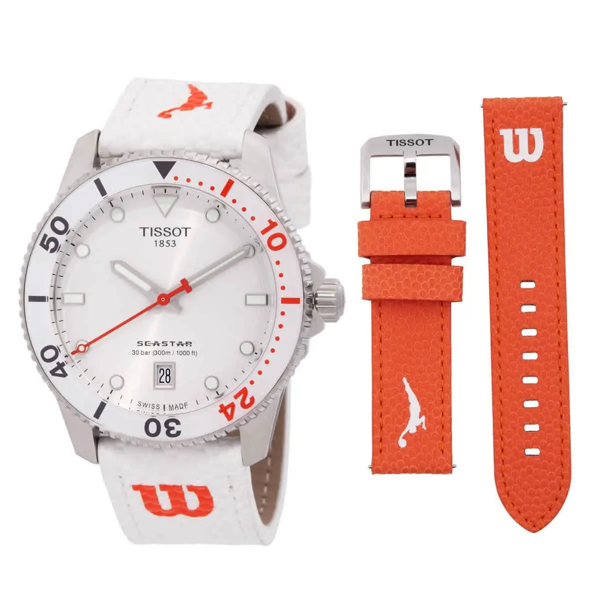 Tissot T1204101701100 Seastar White Dial 40 mm Unisex Watch - White/Orange, Dial: White, Band: White/Orange