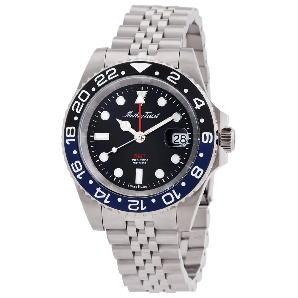 Mathey-tissot H903ANB Mathy Vintage Gmt Black Dial 42 mm Men`s Watch - Silver-tone, Dial: Black, Band: Silver-tone