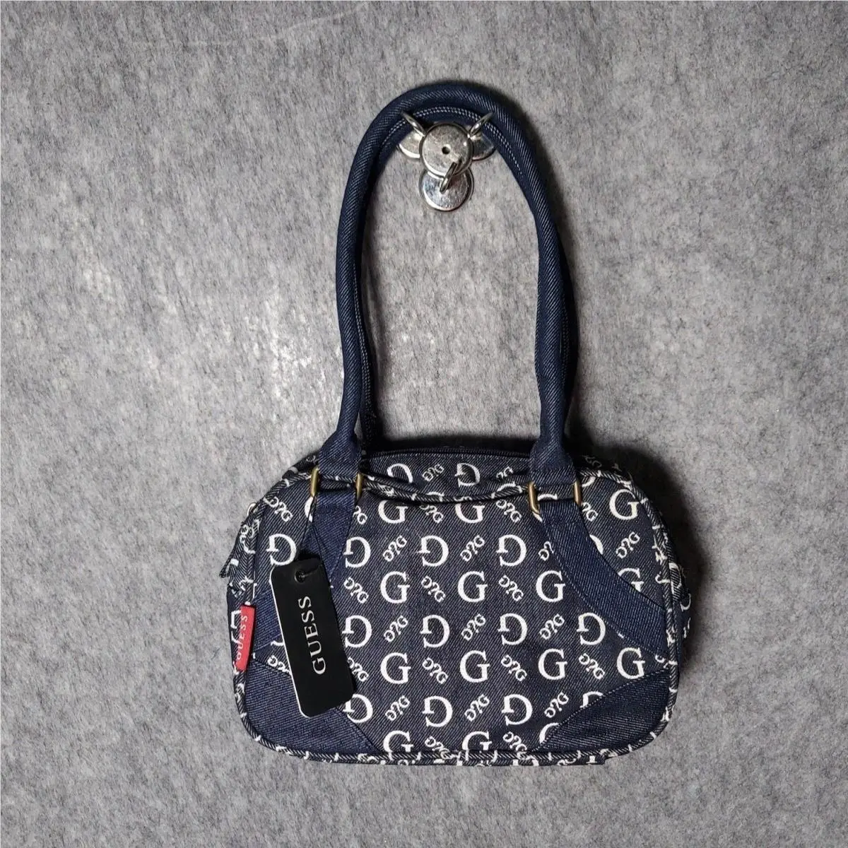 Vintage Y2K  Mini Boston Bag Blue Denim Logo Monogram Barrel Satchel Purse by Guess