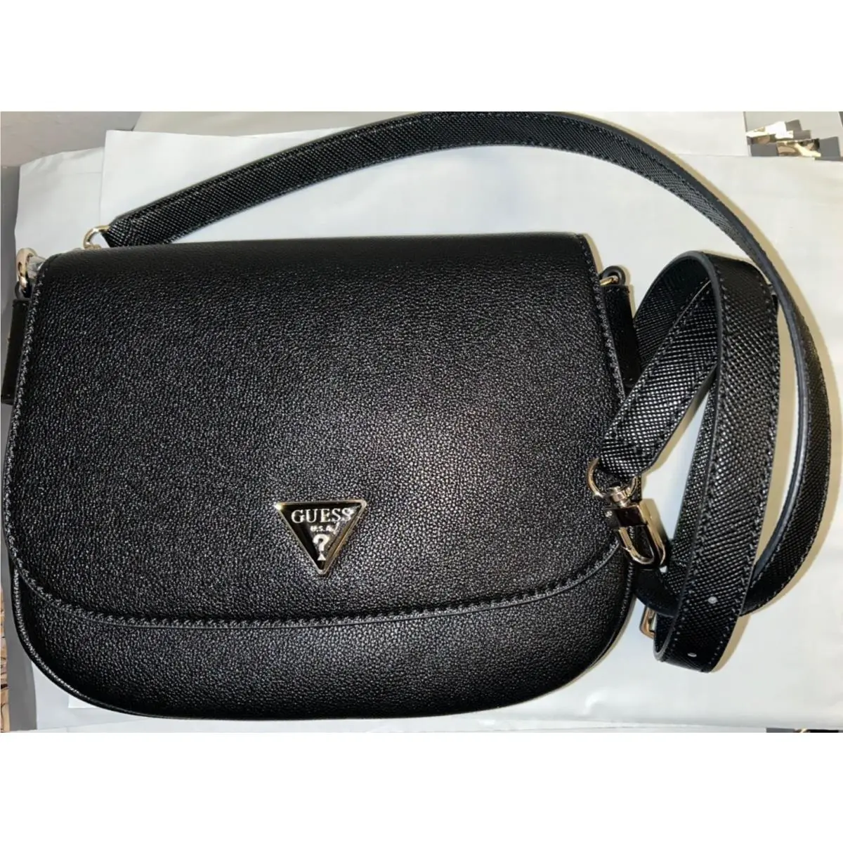 Fedora Small Flap Shoulder Bag Black Gold by Guess