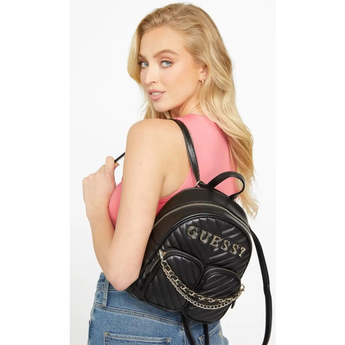 Guess Women`s Quilted Backpack Handbag Bag - Black