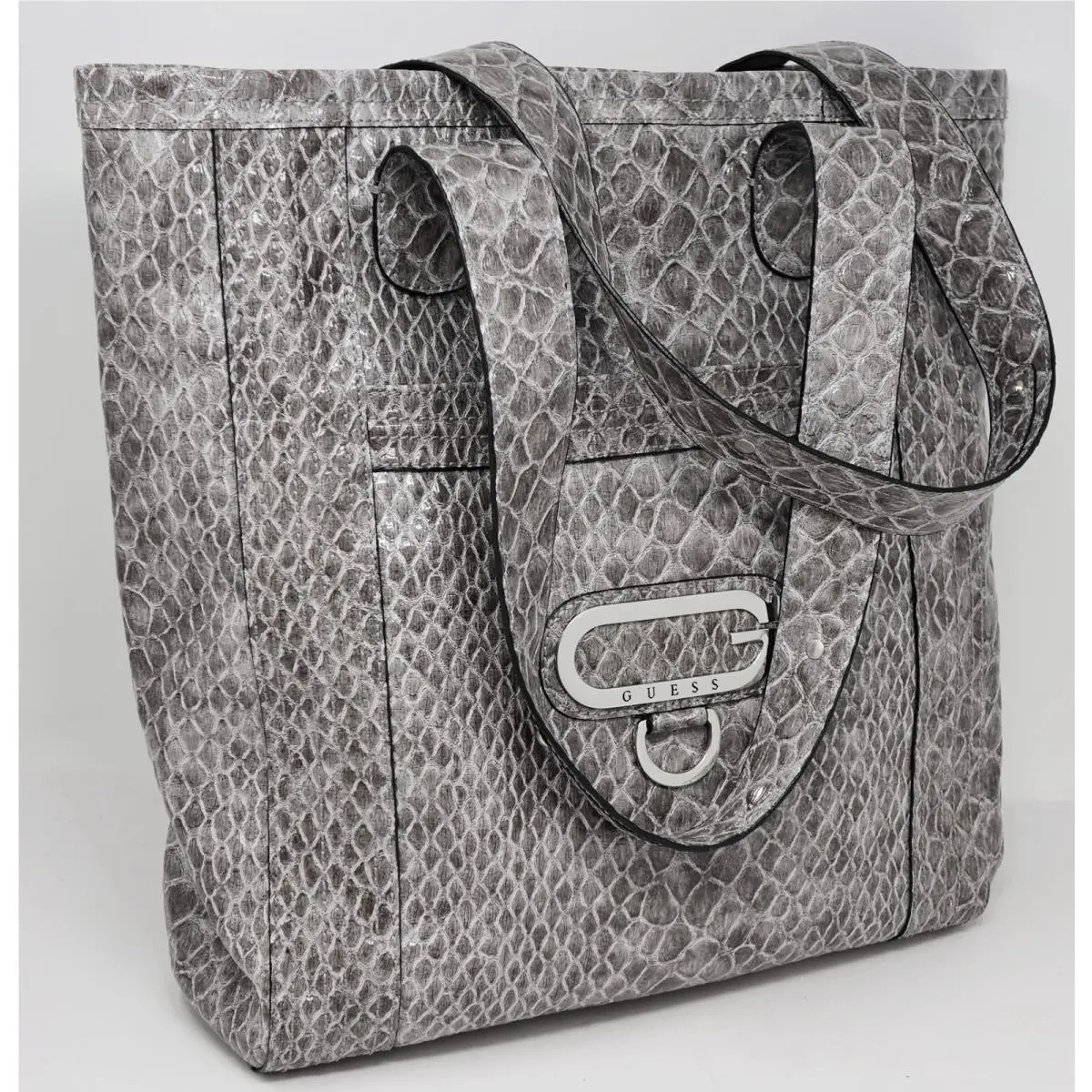 Y2K Gray Patent Glossy Croc-embossed Large Tote Bag Handbag Purse by Guess