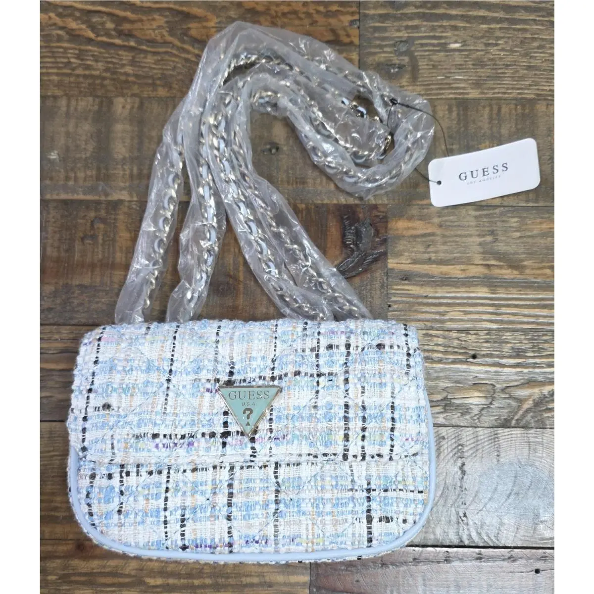 Guess Giully Blue/pale Cloud Tweed Mini Convertible Crossbody Bag Purse