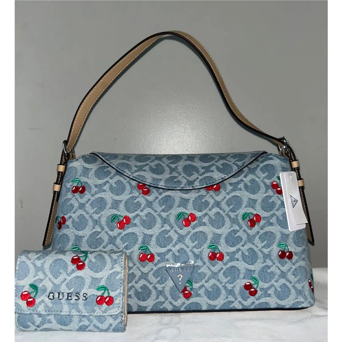 Guess Pati Cherry Embroidered Logo Denim Shoulder Bag Wallet
