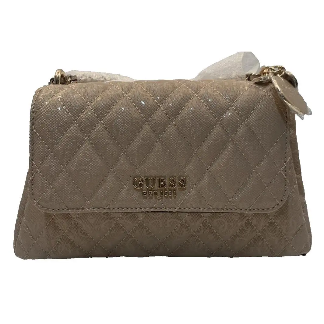 Guess Isemay Quilted Convertible Crossbody Flap Purse in Pale Mocha