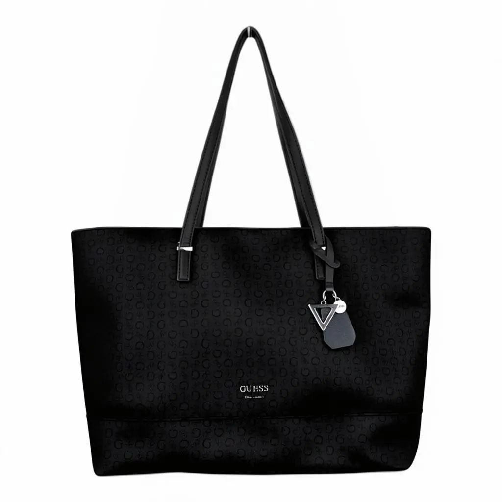 Black Logo Large Tote Bag Zip Closure Double Handles Pouch Silver Hardware by Guess