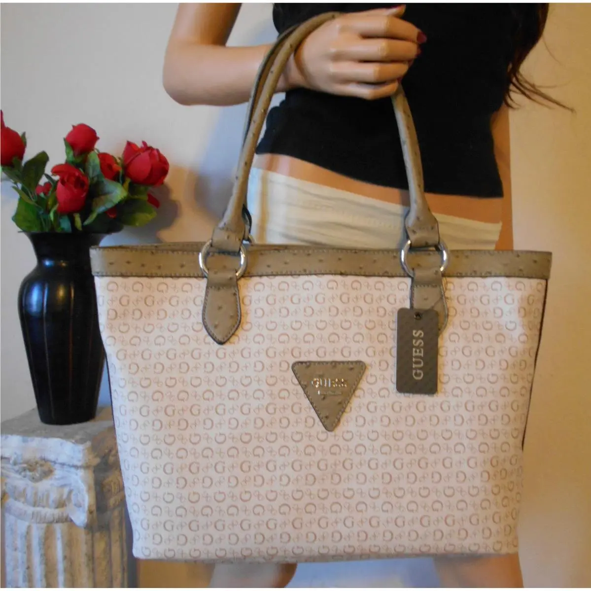 LG Brown White Signature Pvc Leather Shoulder Bag Handbag Tote by Guess