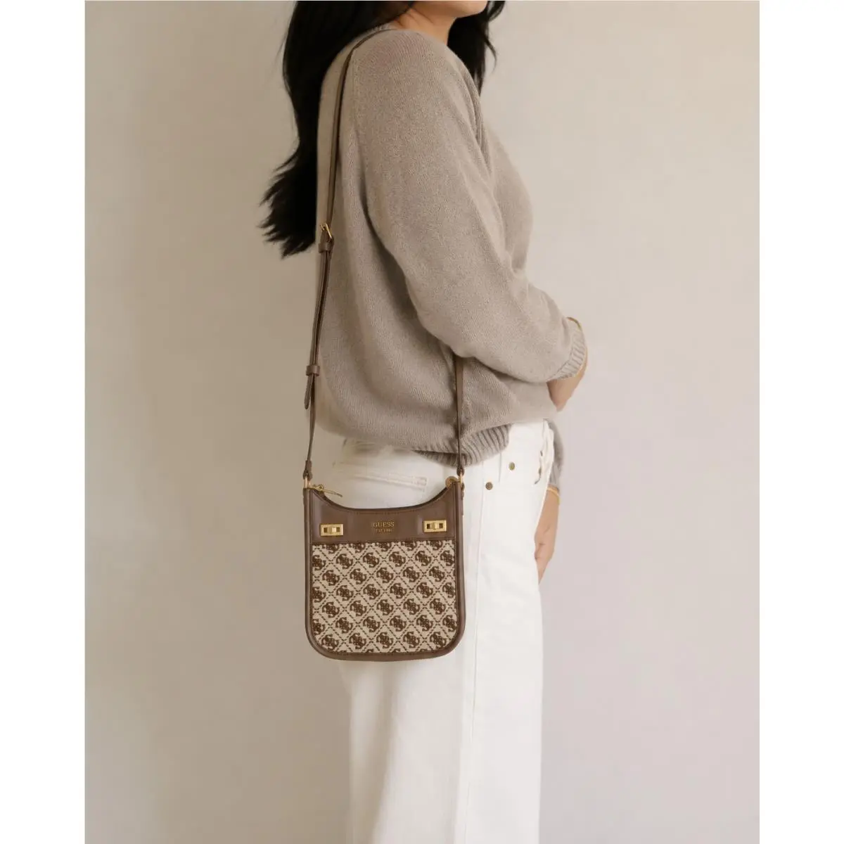 Women`s Katey Jacquard Mini Hobo Handbag Crossbody Monogram Brown by Guess
