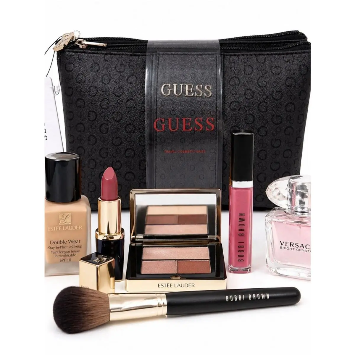 Embossed Cosmetic Pouch Bag 2 Pcs Set Full Zipper Black with Print Logo by Guess
