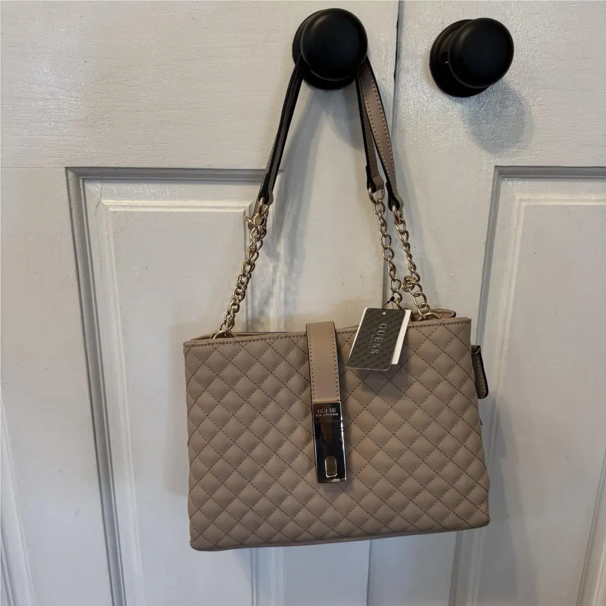 Cedar Quilted Satchel Tote Bag Handbag Cream Taupe Gold by Guess