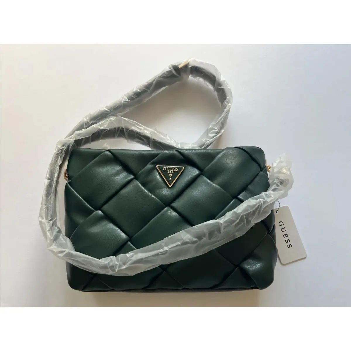 Guess Zaina Amazing Forest Green Clutch or Crossbody Quilted Weave Chic Stl