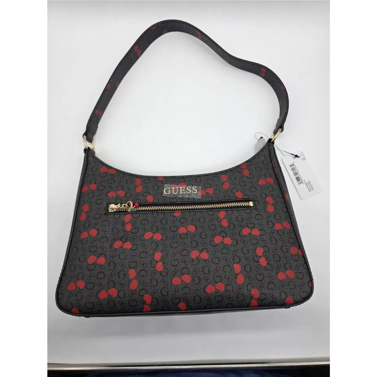 Coal Cherry Print Shoulder Bag Charm Logo Zip Closure by Guess