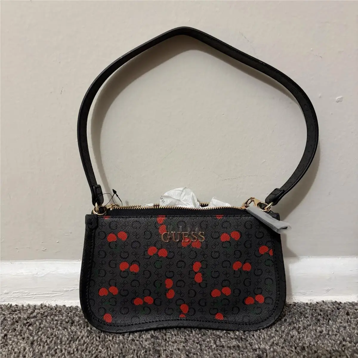 Black Cherry Logo Print Shoulder Bag Zip Gold Hardware Bag Pockets by Guess