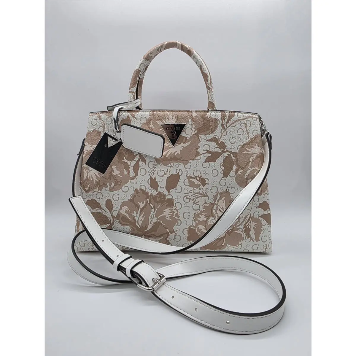 White Floral Print Medium Satchel Crossbody Bag Handbag Purse Jillian by Guess