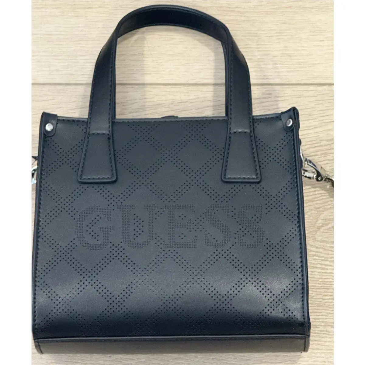 Forber Perforated Logo Mini Tote Black Faux-leather with Strap by Guess