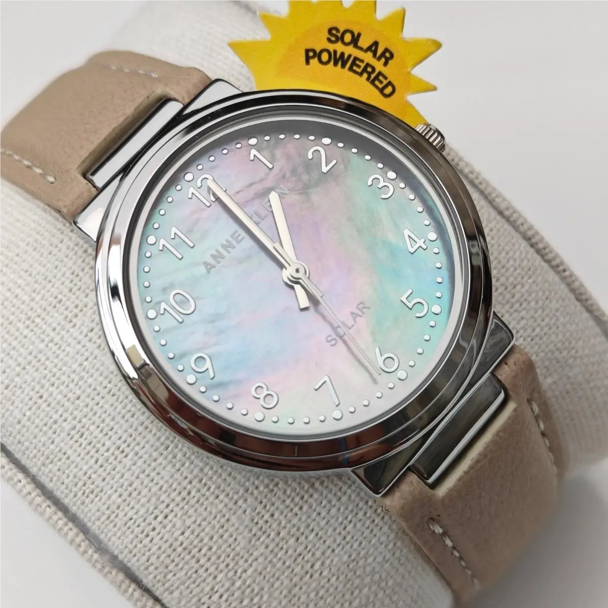 Considered Solar Powered Watch Mother Pearl Vegan Leather Iridescent by Anne Klein