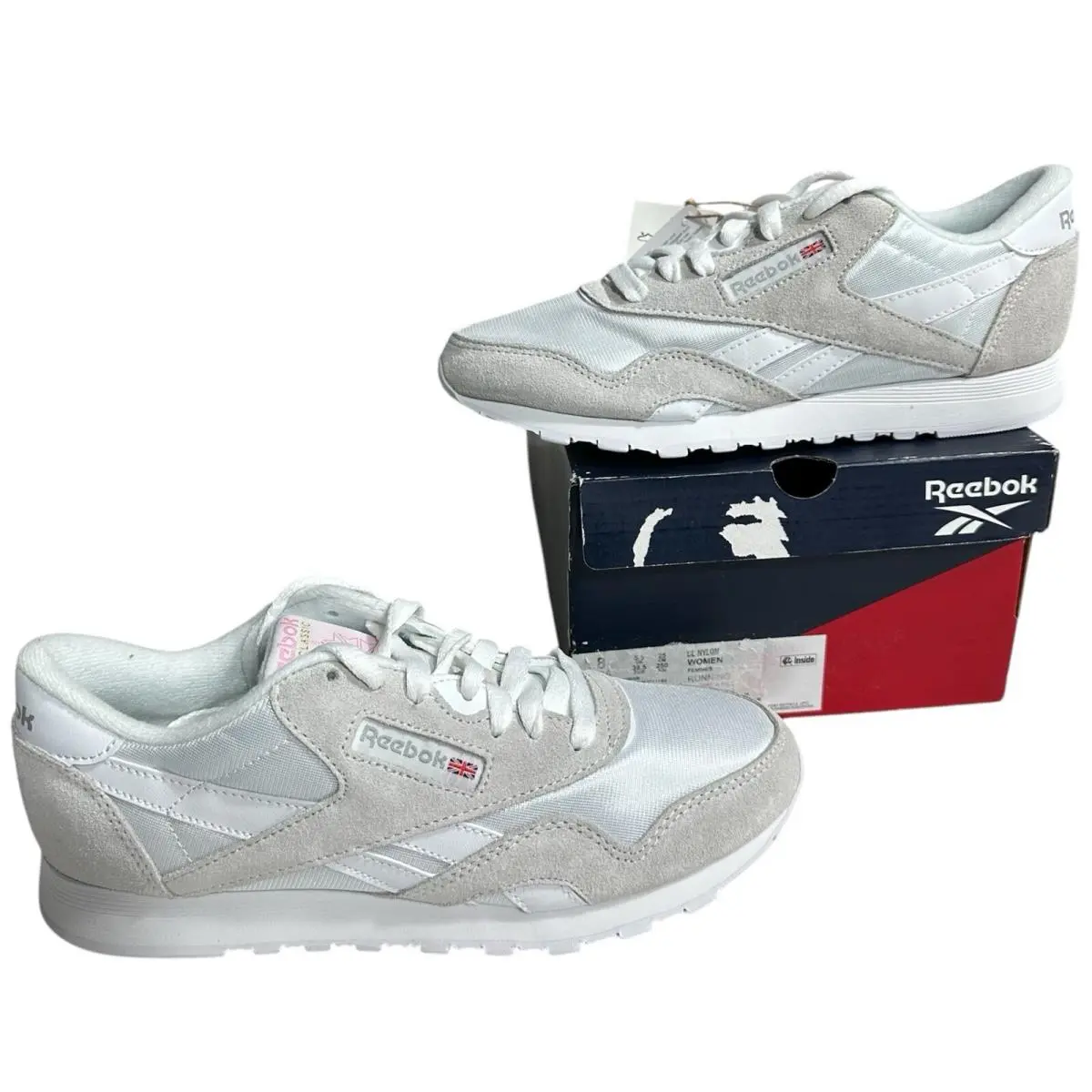Reebok Womens Sz 8 Classic Nylon White Gray Running Sneakers Shoes FV4507