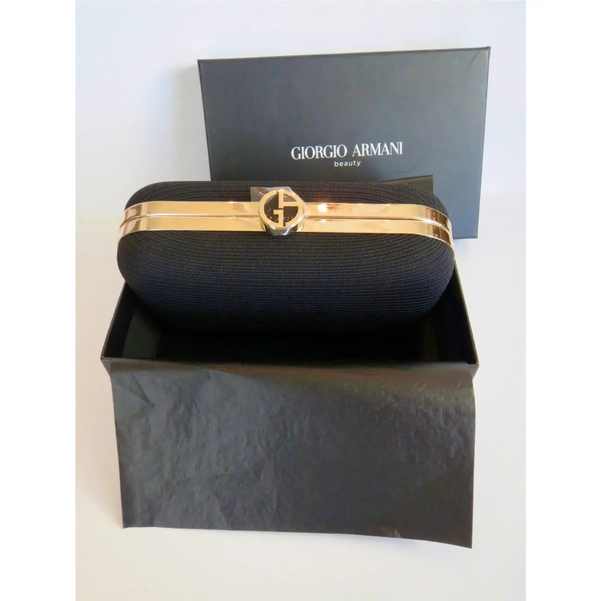 Georgio Armani Beauty Black Ribbed Hard Shell Minaudière Clutch Bag 6.75 X 4.5