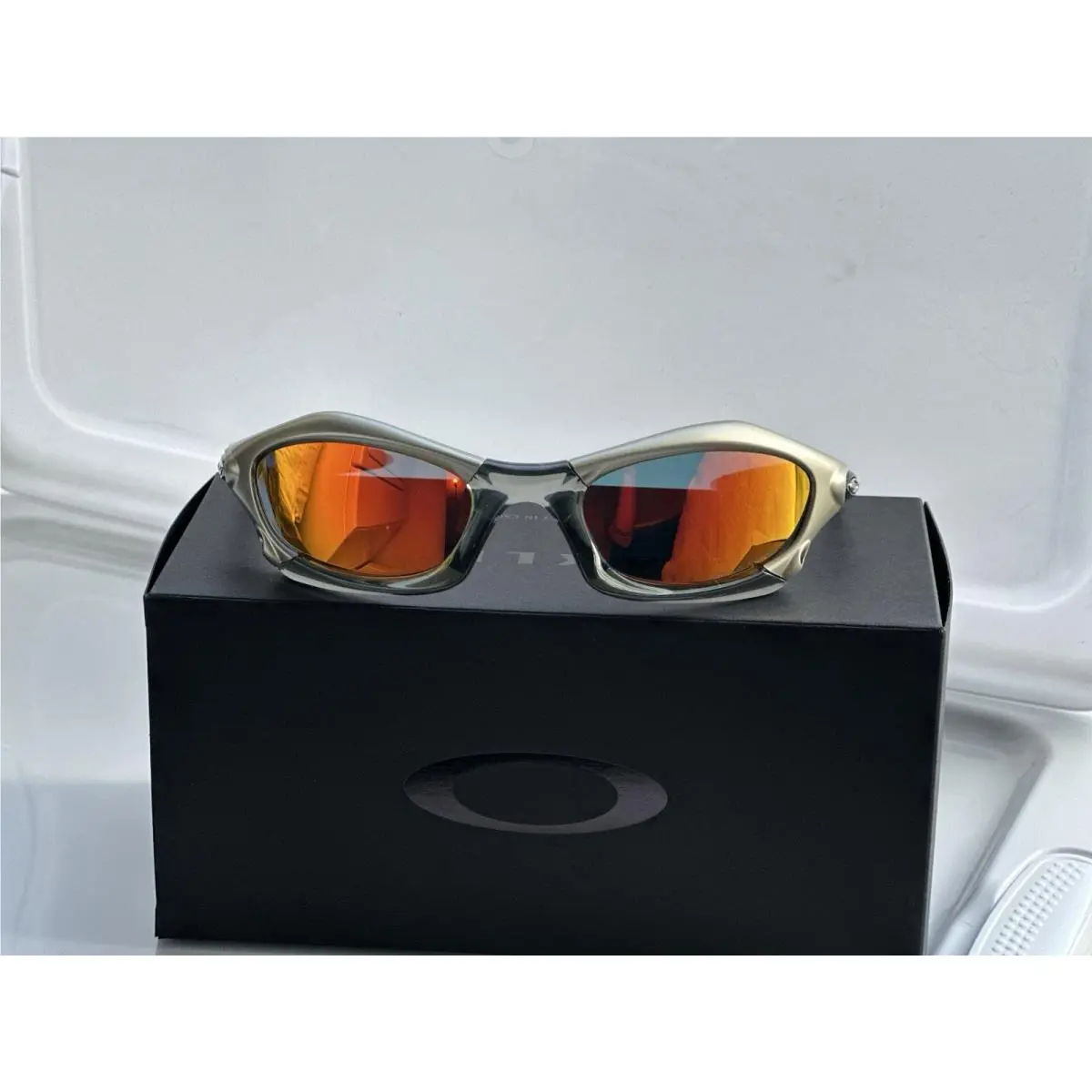 Splice Polarized Y2K Sunglasses Gray Smoke Frame Iridium Orange Lenses by Oakley