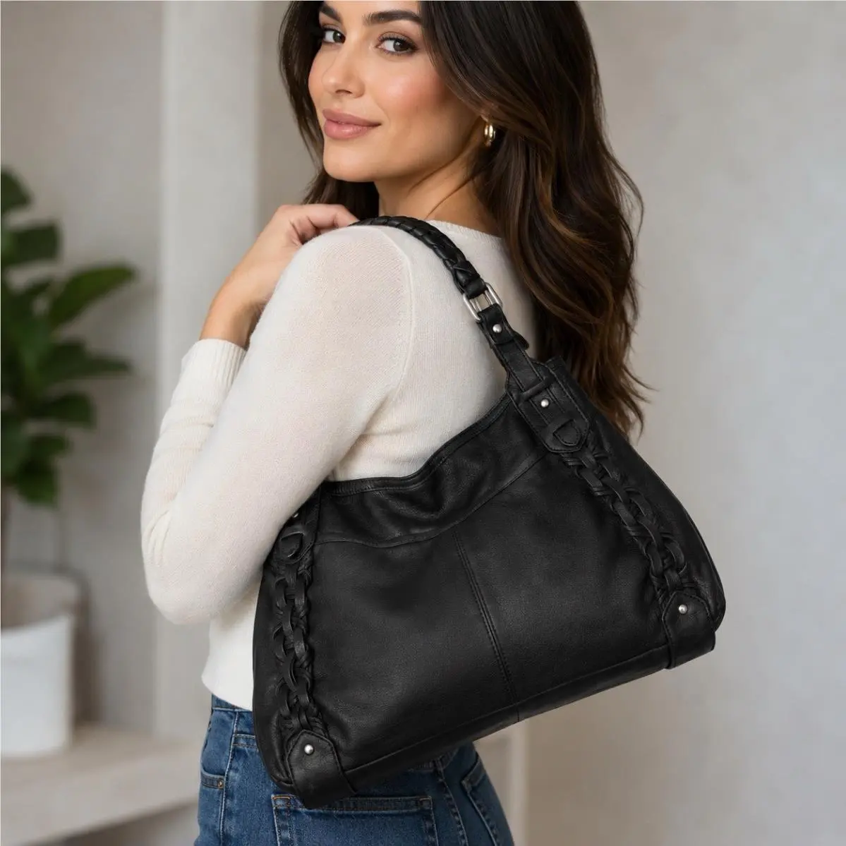 Black Leather Shoulder Hobo Bag Purse Silver Hardware by Kenneth Cole