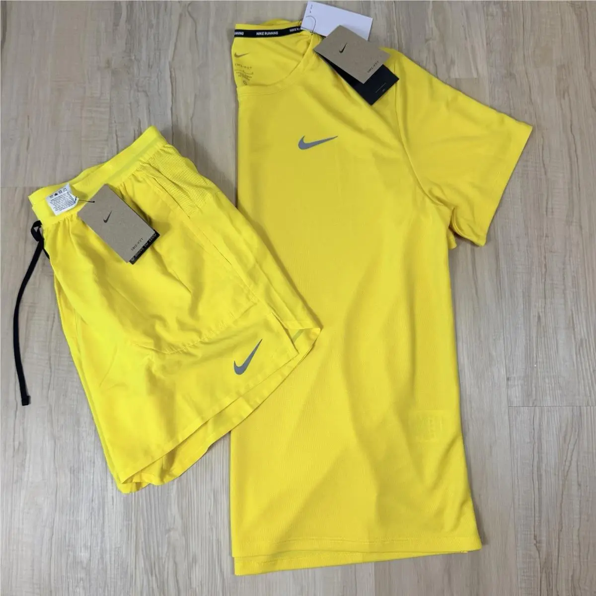 Nike Miler Dri-fit 2Pc Running Set Men`s Size M Reflective Yellow Shirt Shorts